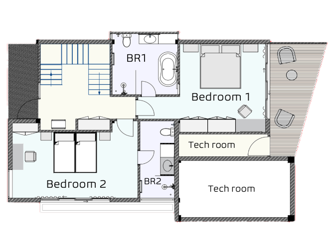 DAO Villas — план 1-го этажа: спальни, ванные
