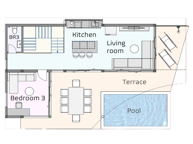 DAO Villas — план 2-го этажа: гостиная, кухня, бассейн, терраса