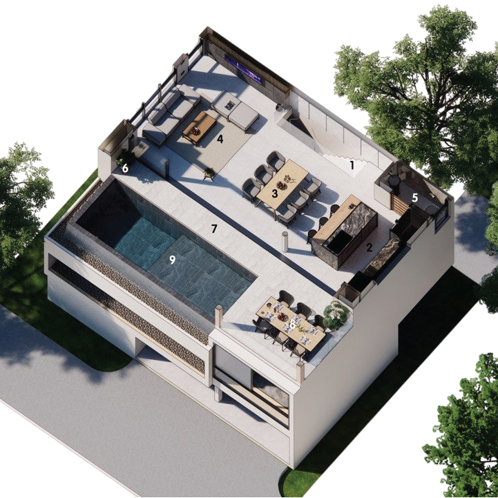 IO Villas — план 2-го этажа: бассейн, гостиная, кухня