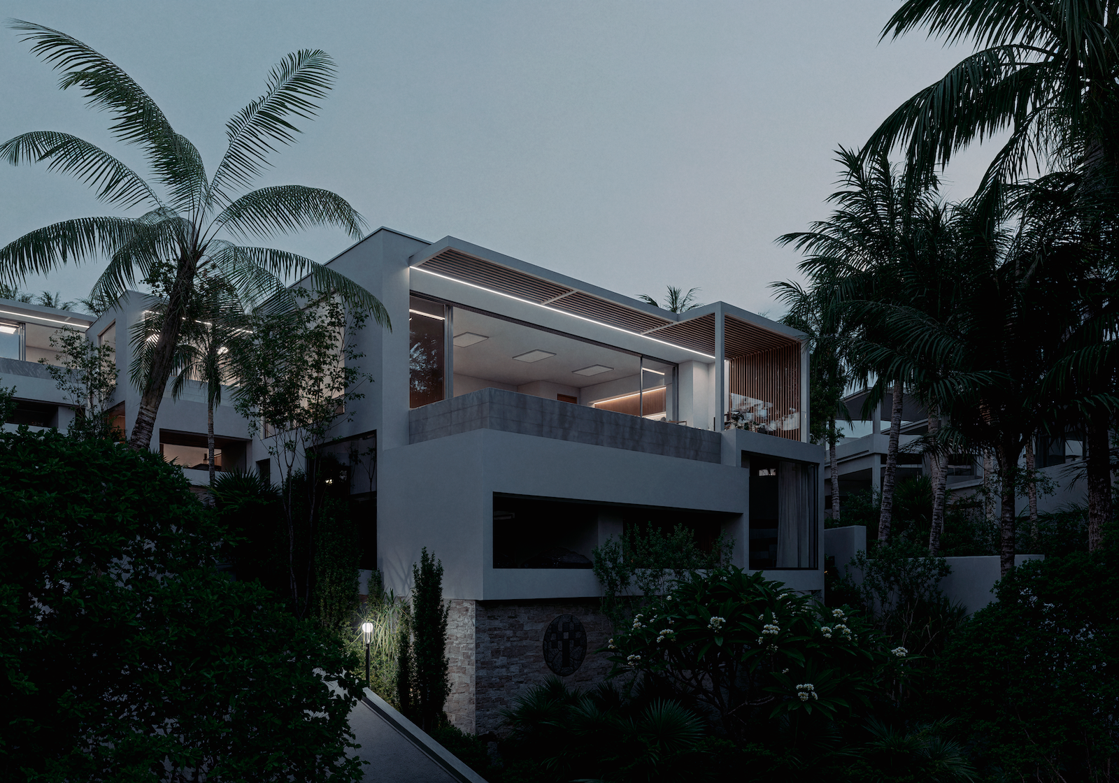 IO Villas — single villa exterior with balcony at night