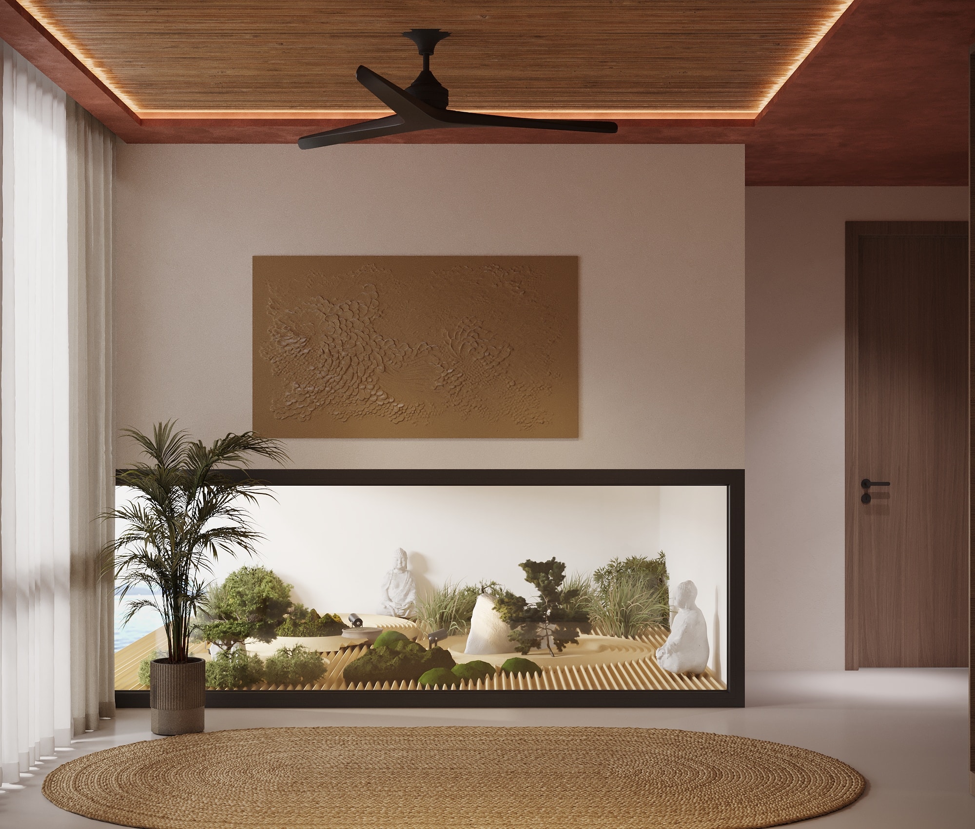 IO Villas — Bedroom 1: room view with framed zen garden terrarium, textured artwork and jute rug