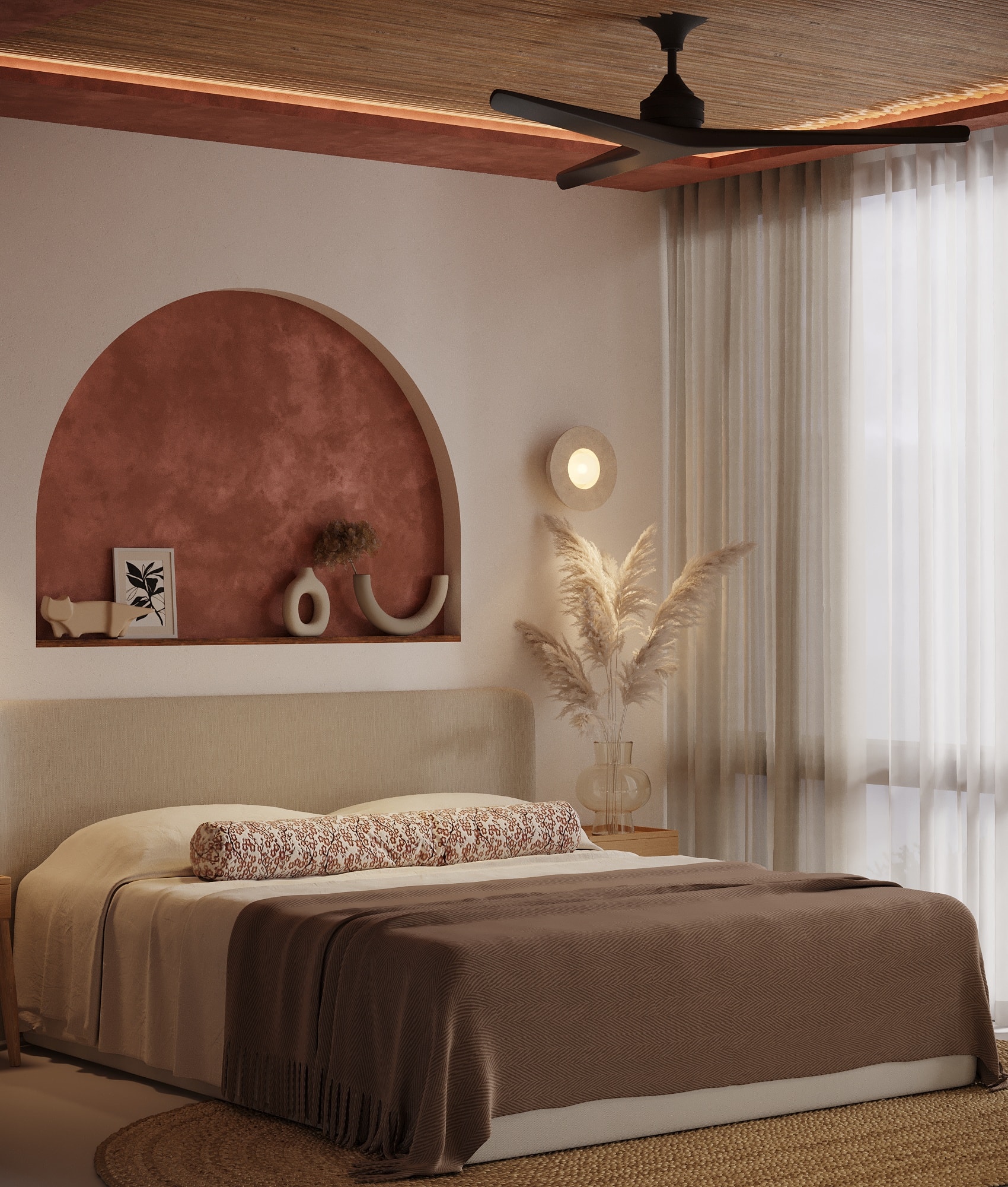 IO Villas — Bedroom 1: bed with terracotta arch niche, pampas grass and sheer curtains