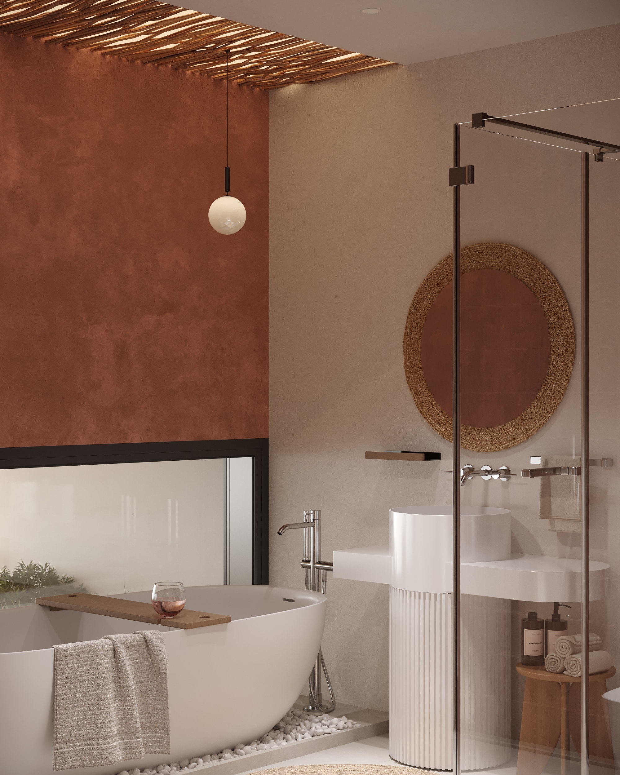 IO Villas — Bathroom 1: terracotta feature wall with sculptural wood ceiling and freestanding bath
