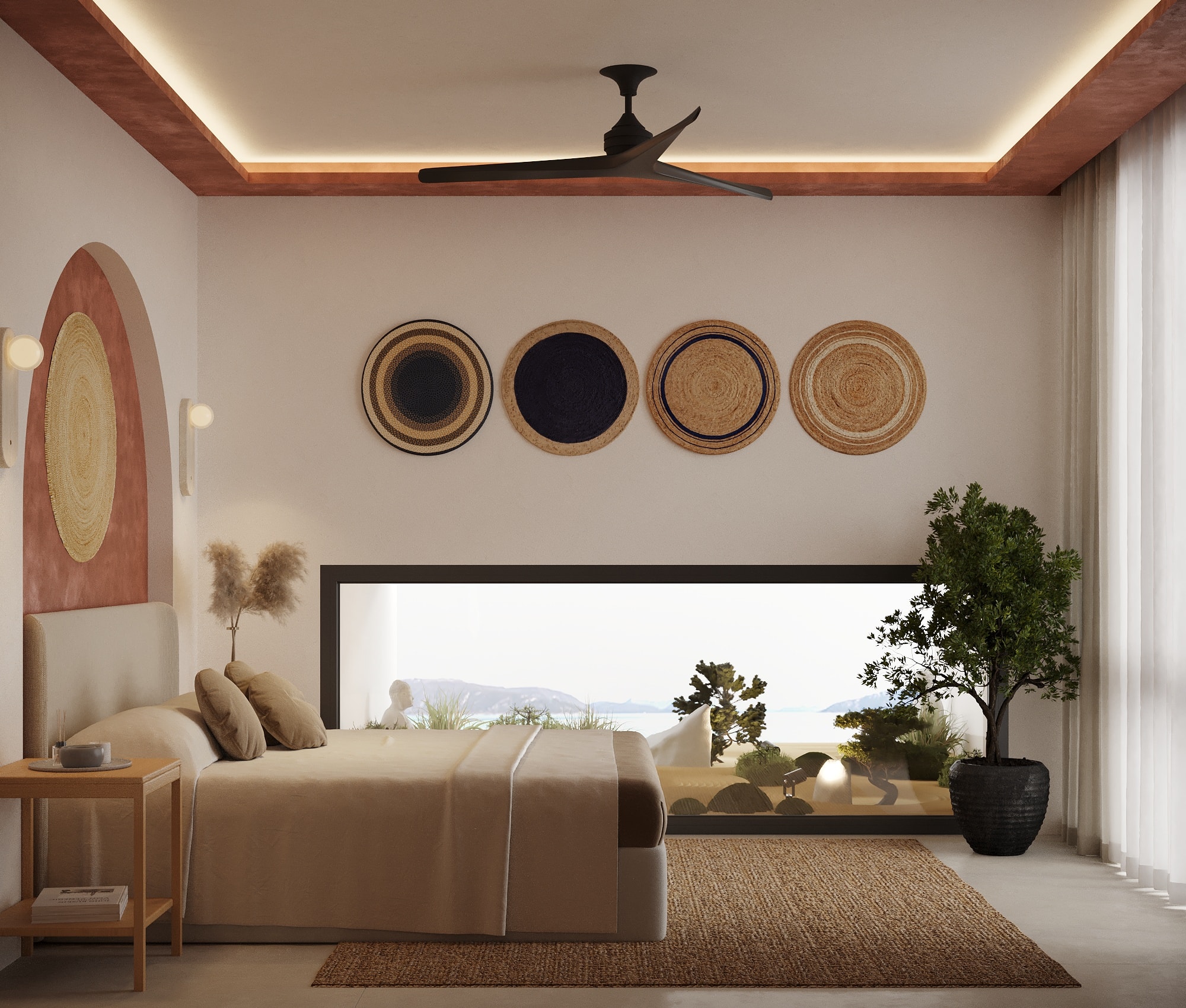 IO Villas — Bedroom 2: ocean-view window with zen garden terrarium, bonsai tree and woven wall plates