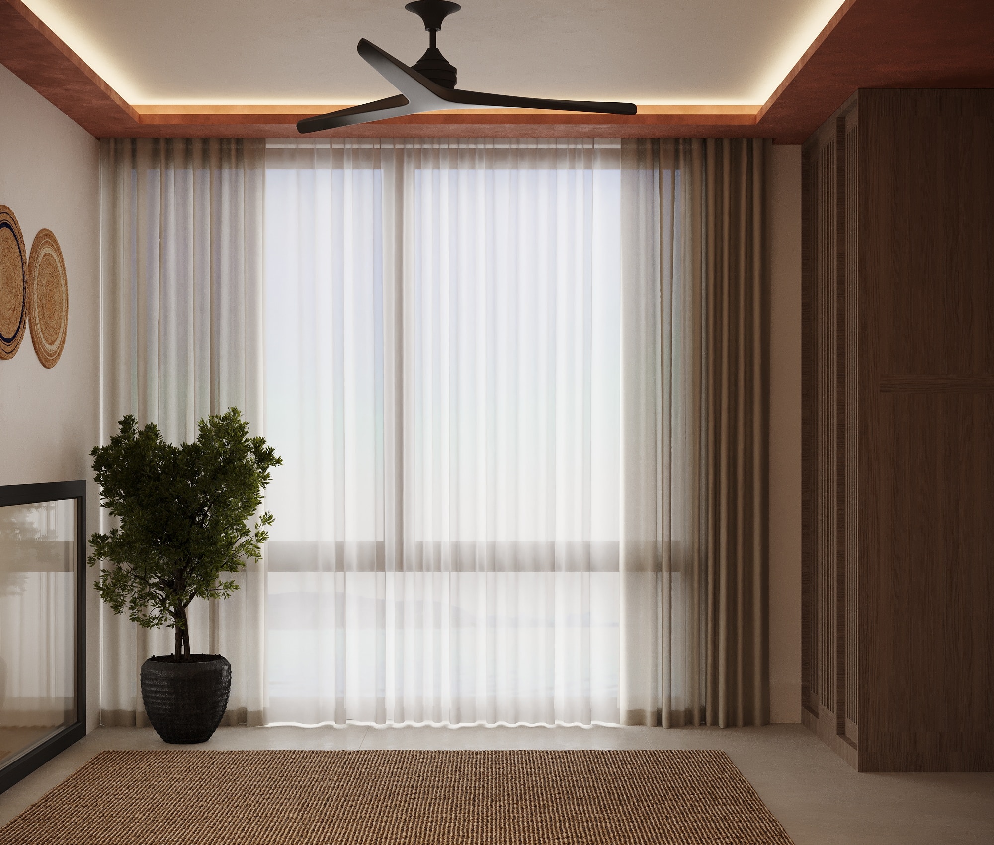 IO Villas — Bedroom 2: floor-to-ceiling sheer curtains, bonsai tree and slatted wardrobe wall