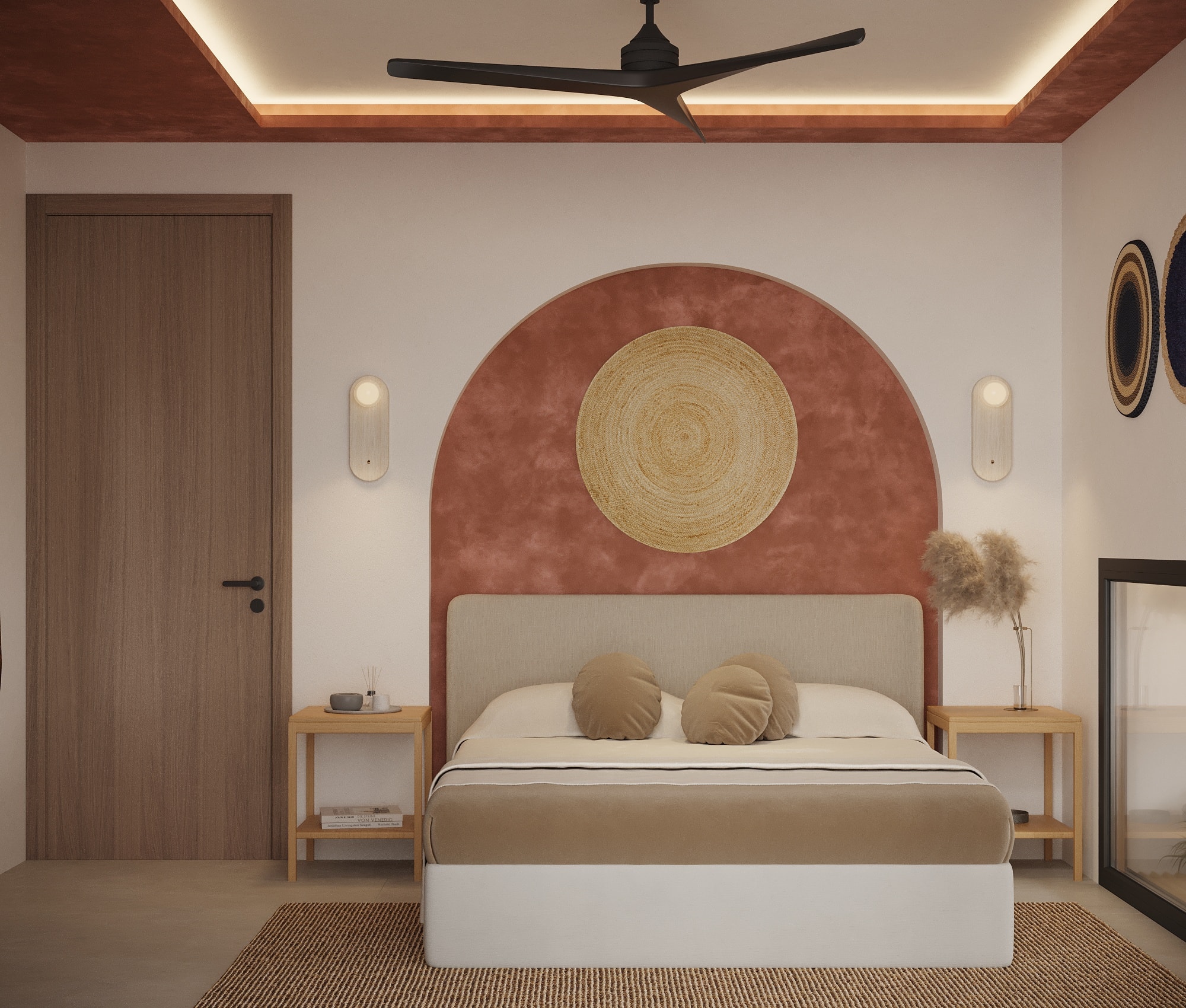 IO Villas — Bedroom 2: full room view with terracotta arch niche, wood door and woven wall plates