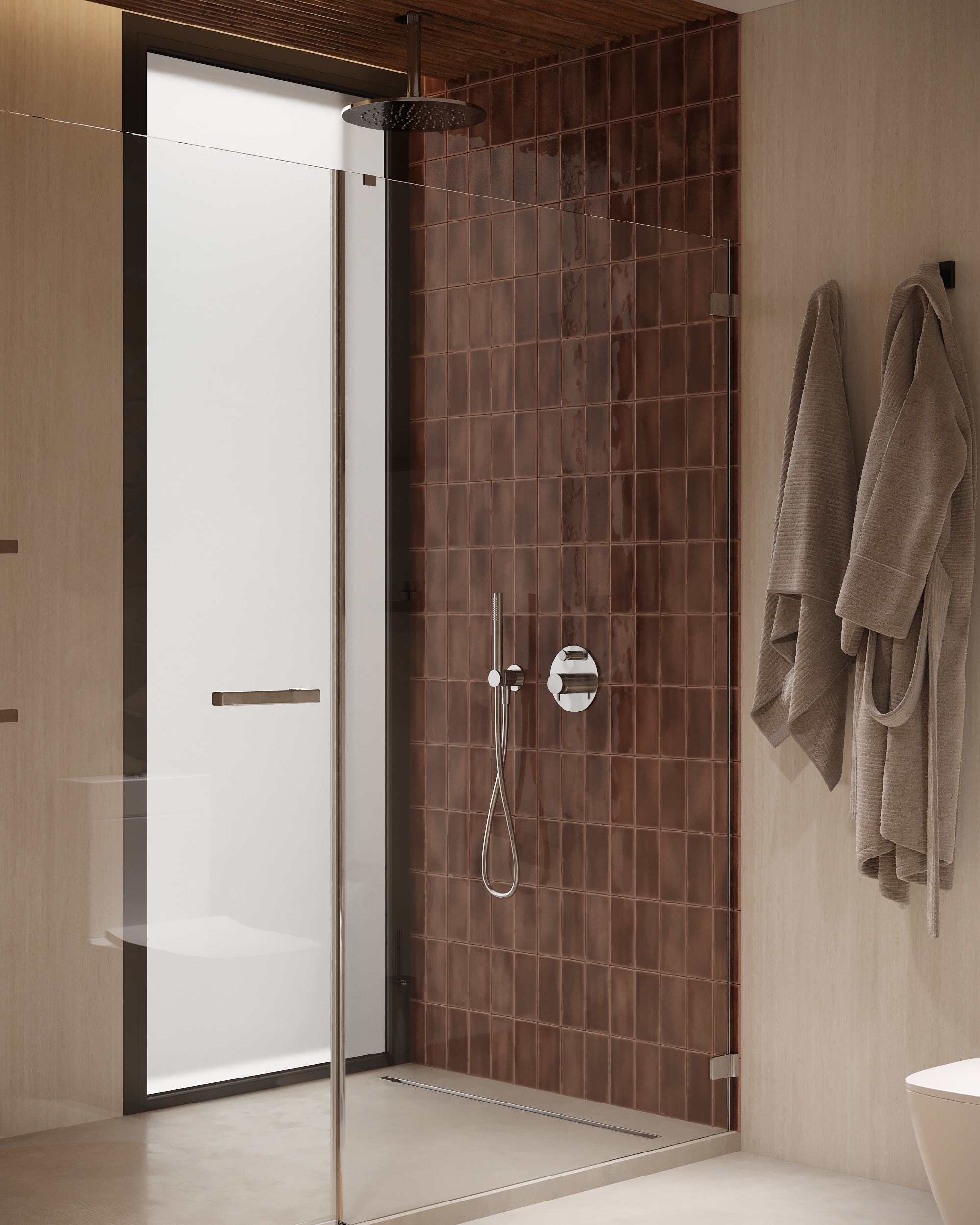 IO Villas — Bathroom 2: deep burgundy square-tile shower wall with rain head and hand shower