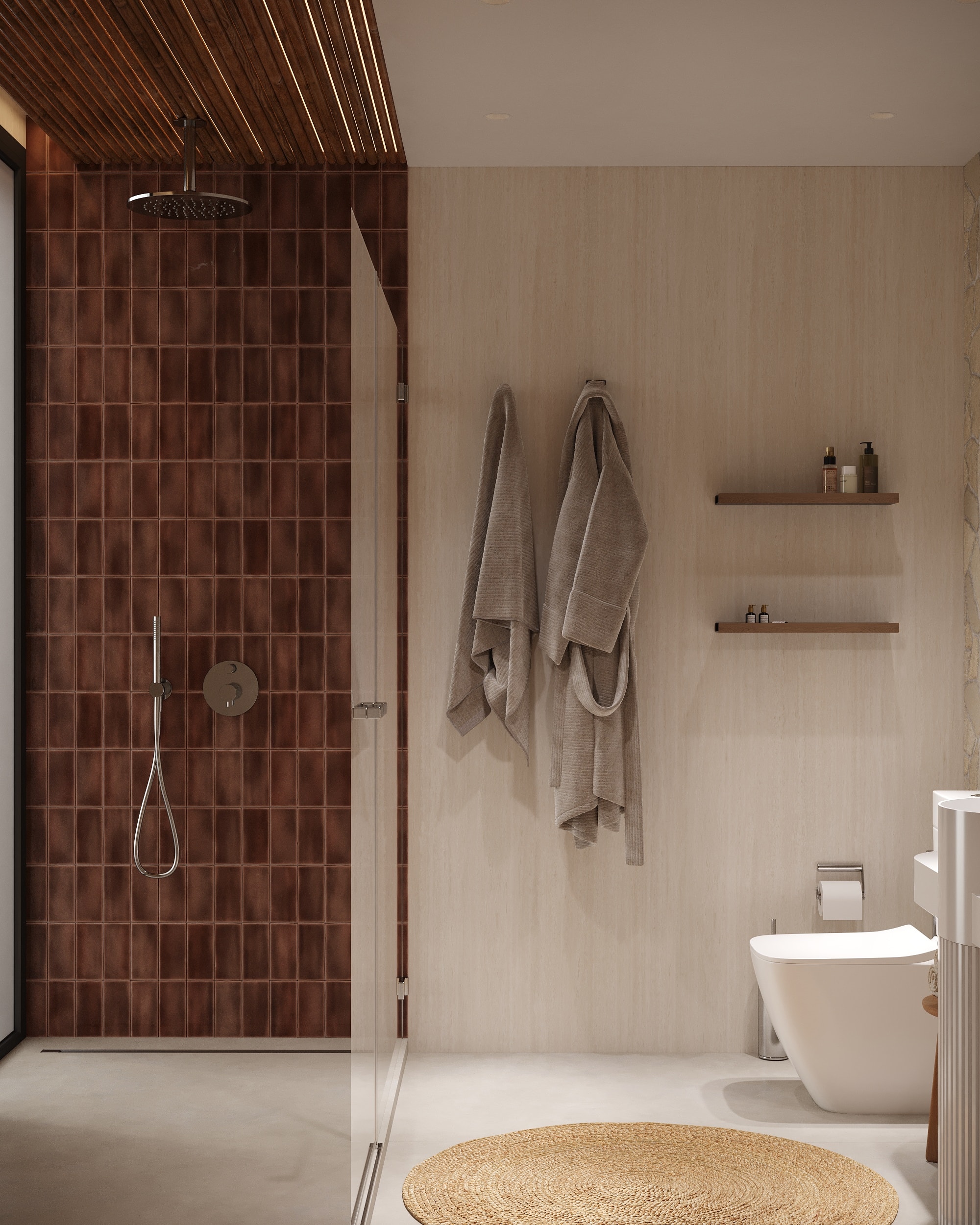 IO Villas — Bathroom 2: burgundy tile shower with slatted wood ceiling and hanging robes