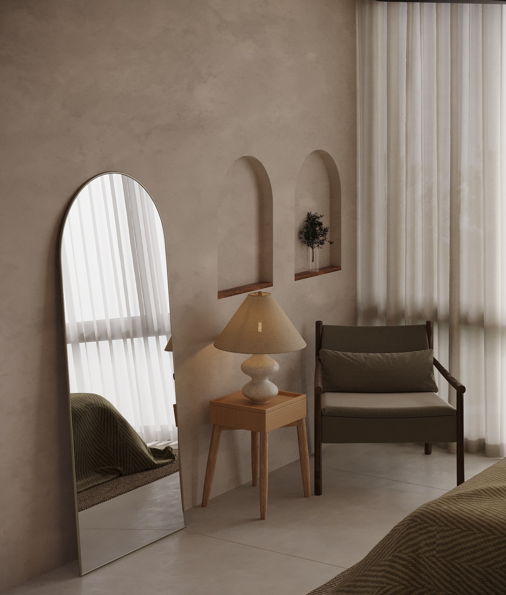IO Villas — Bedroom 3: minimalist interior with mirror and chair