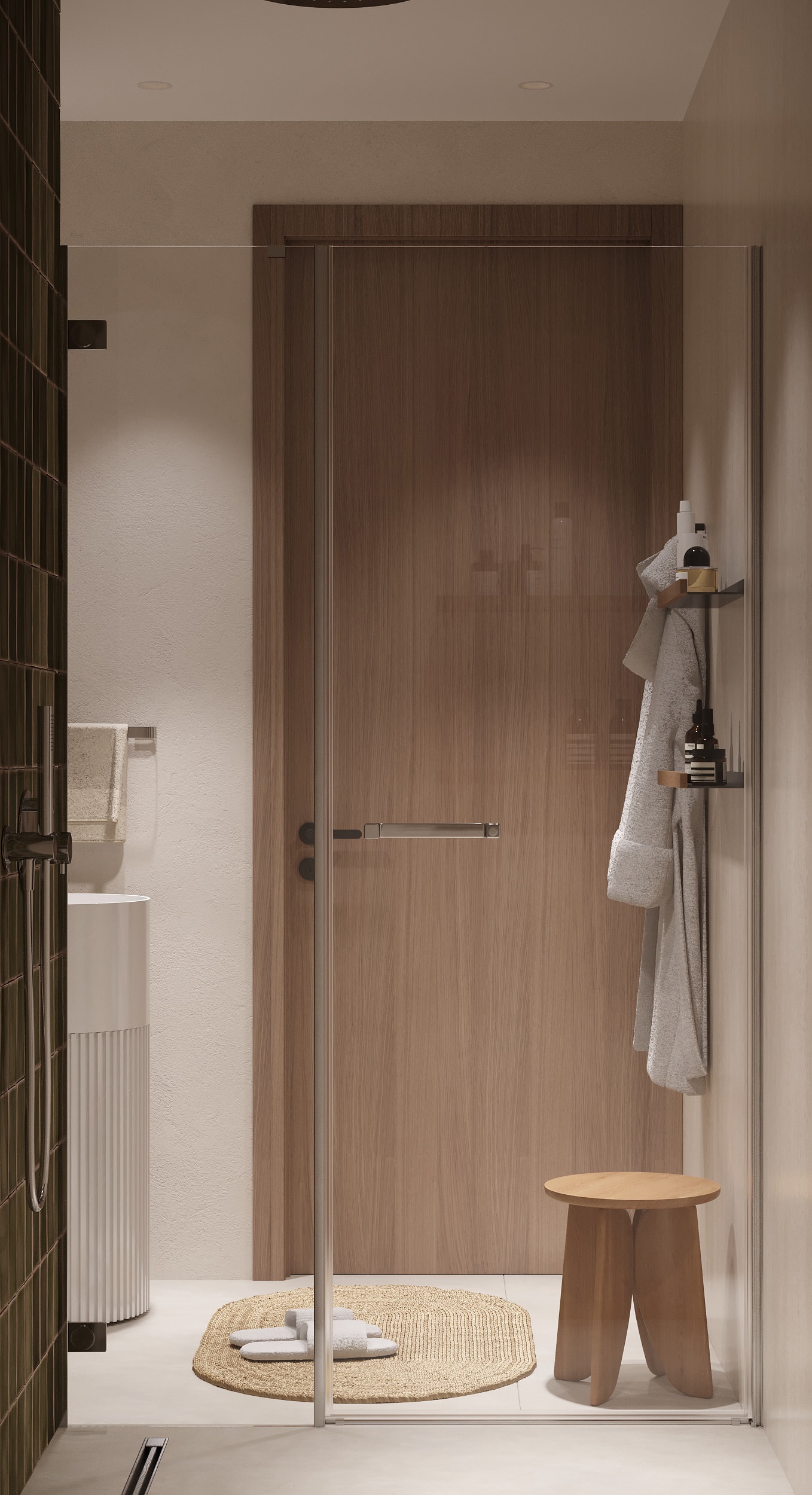 IO Villas — Bathroom 3: walk-in shower with dark wood-tone tile and glass enclosure