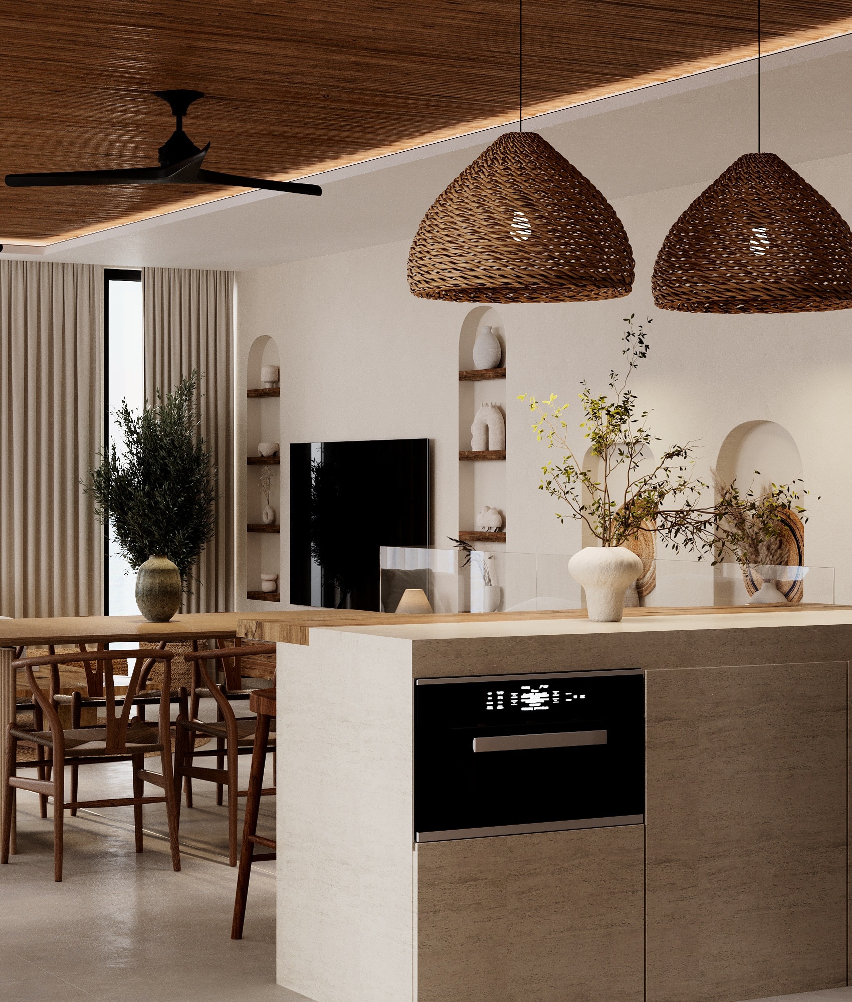 IO Villas — kitchen island with woven pendants and arched shelving wall