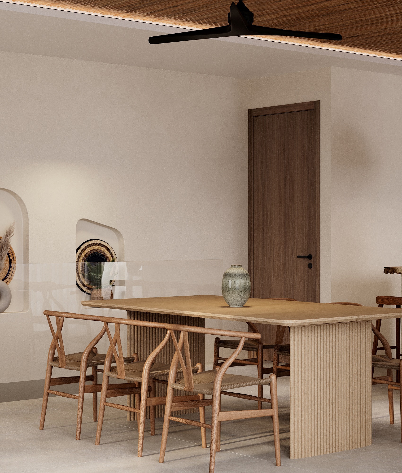 IO Villas — dining room with fluted island base and arched wall niches