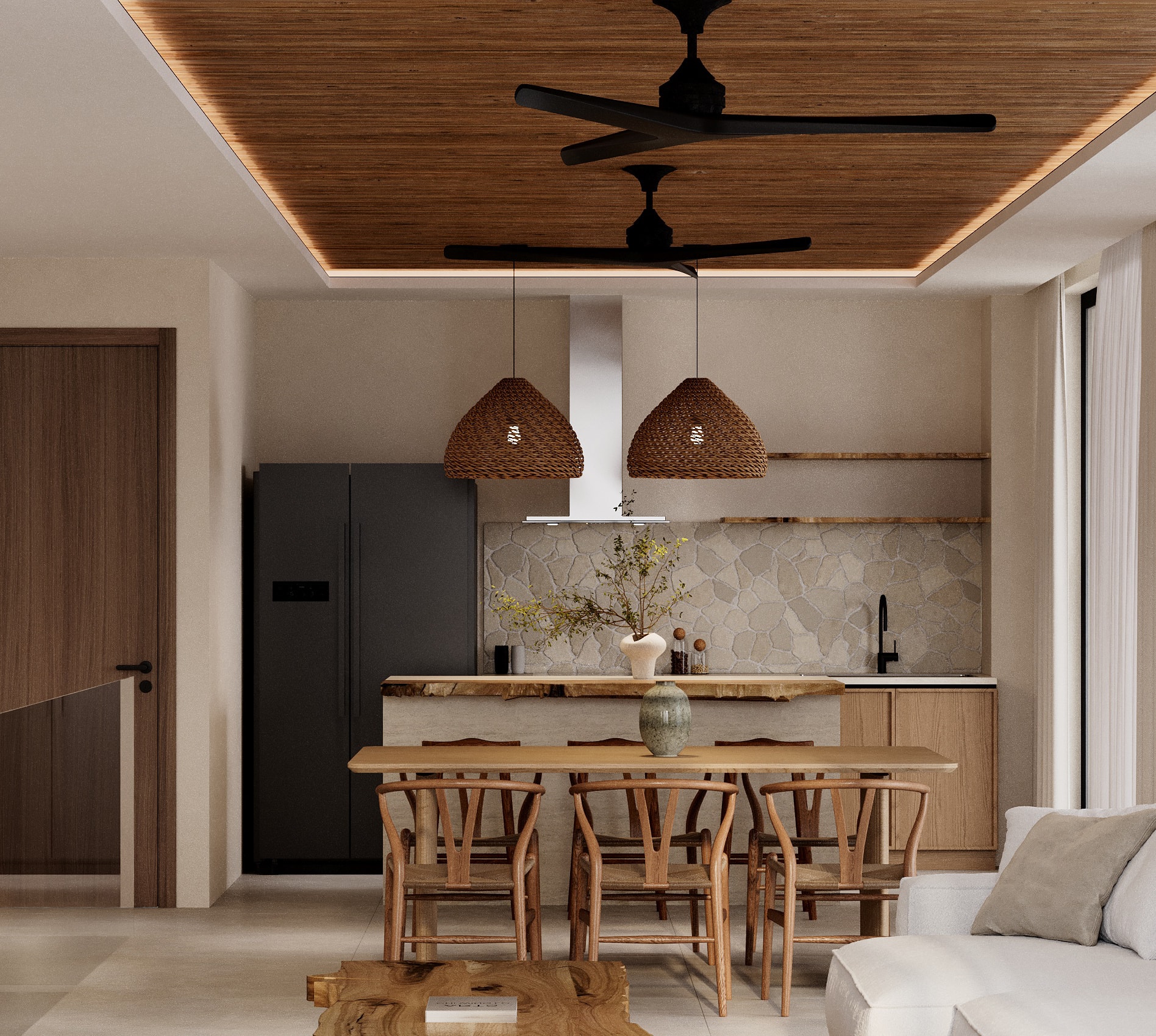 IO Villas — open-plan kitchen dining with black fridge and woven pendants