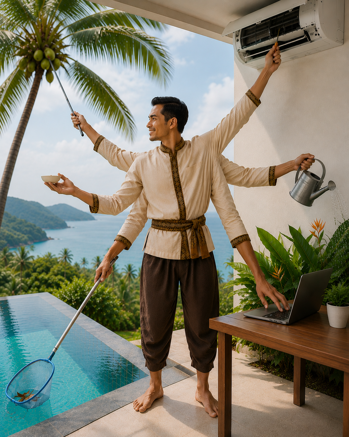 Villa pool maintenance — Tigrelis property care, Koh Samui