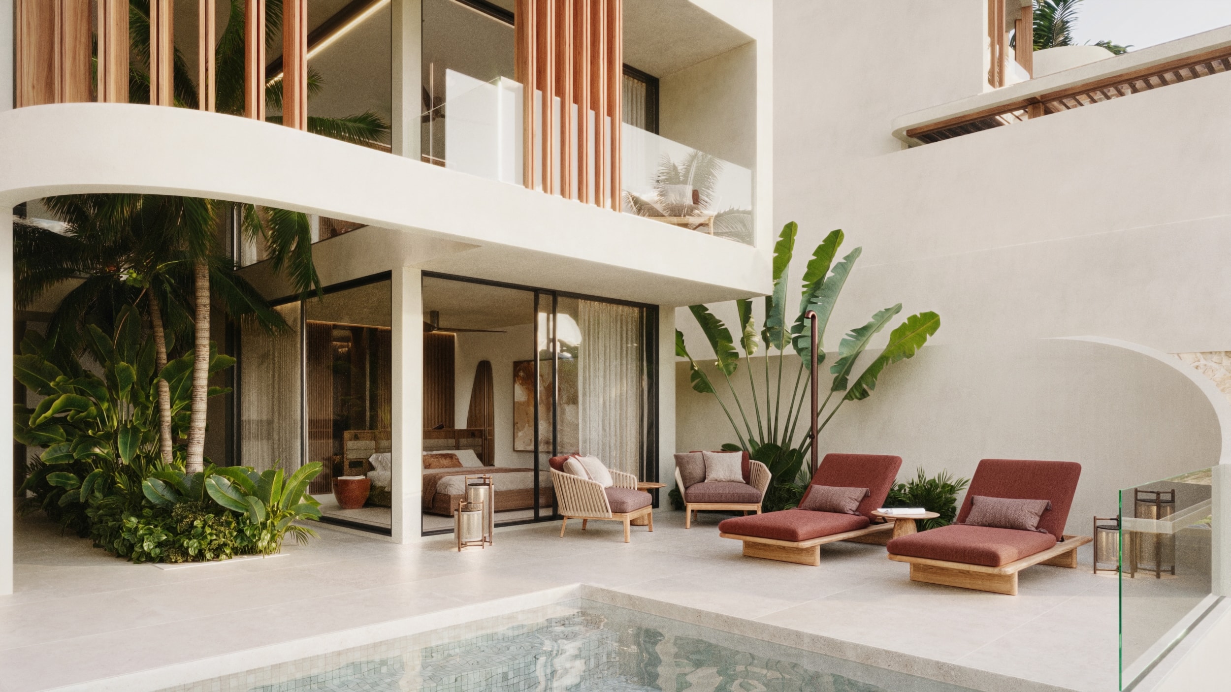 Wasana Villa — front facade with pool, wood louvres and tropical landscaping