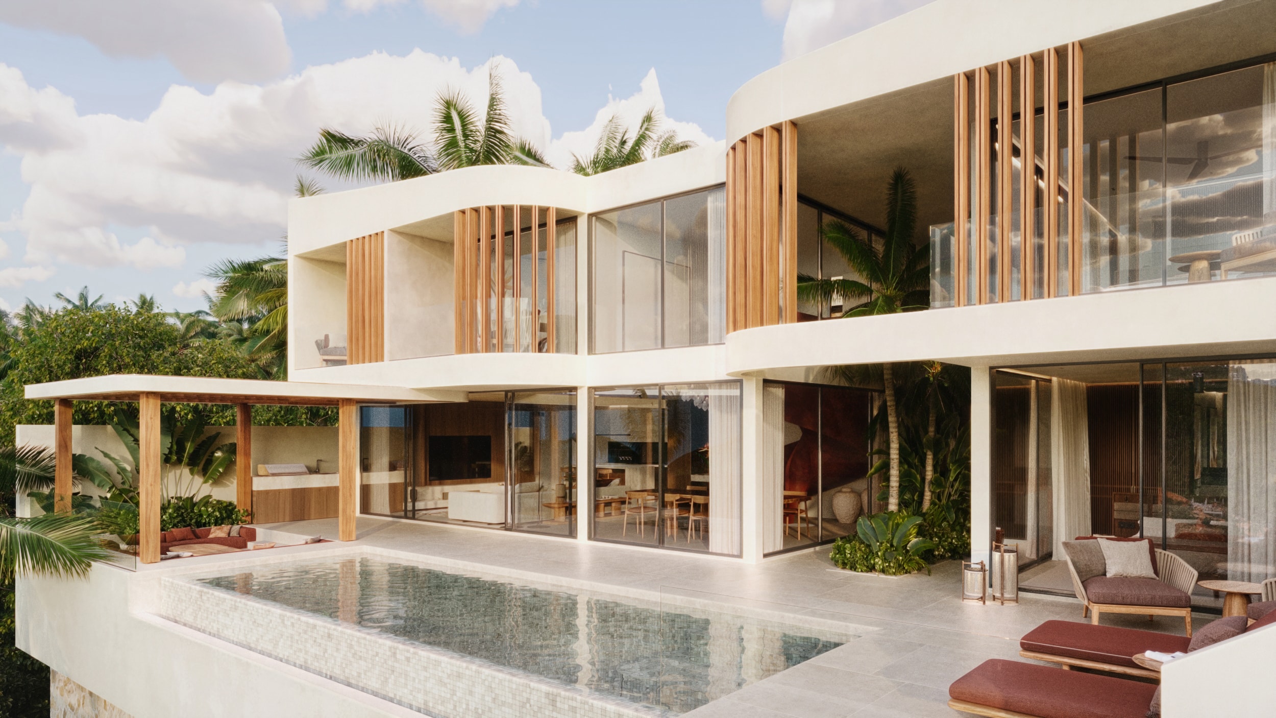 Wasana Villa — covered outdoor living area with pergola and kitchen