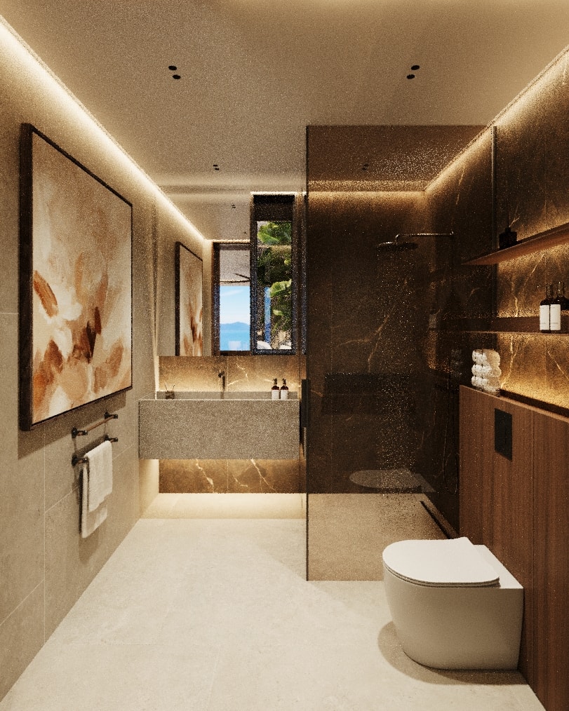 Wasana Villa — Bathroom 1: walk-in shower with rain head and stone tiles
