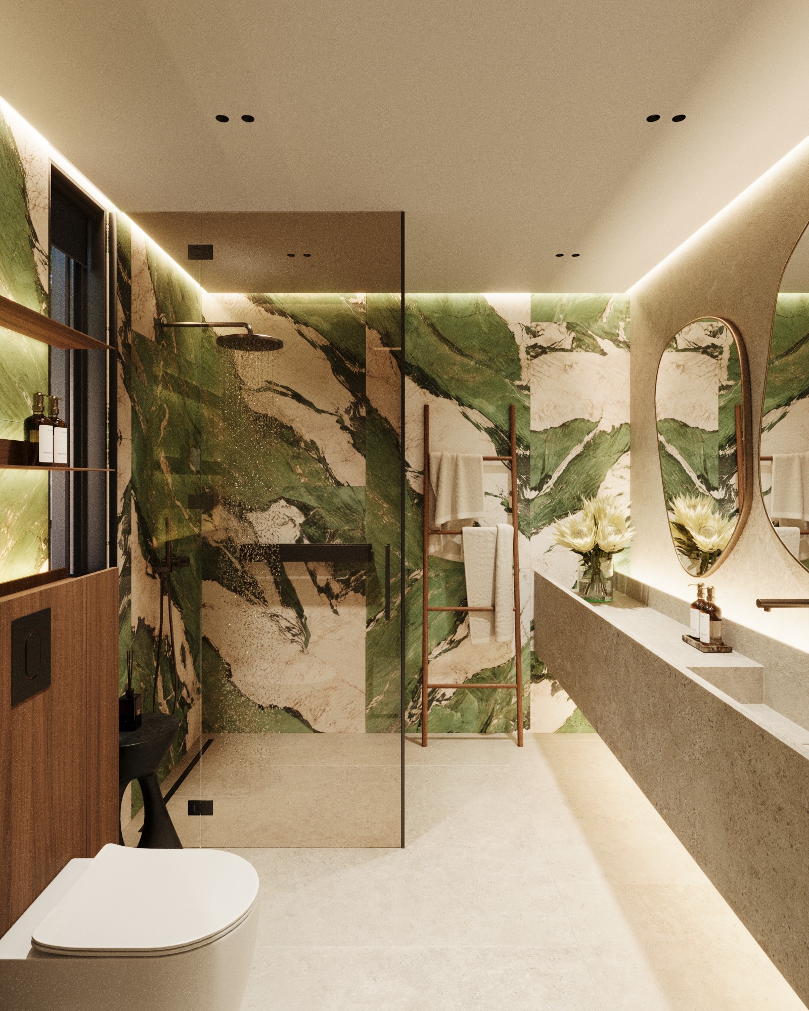 Wasana Villa — Bathroom 2: walk-in shower with marble walls and glass enclosure