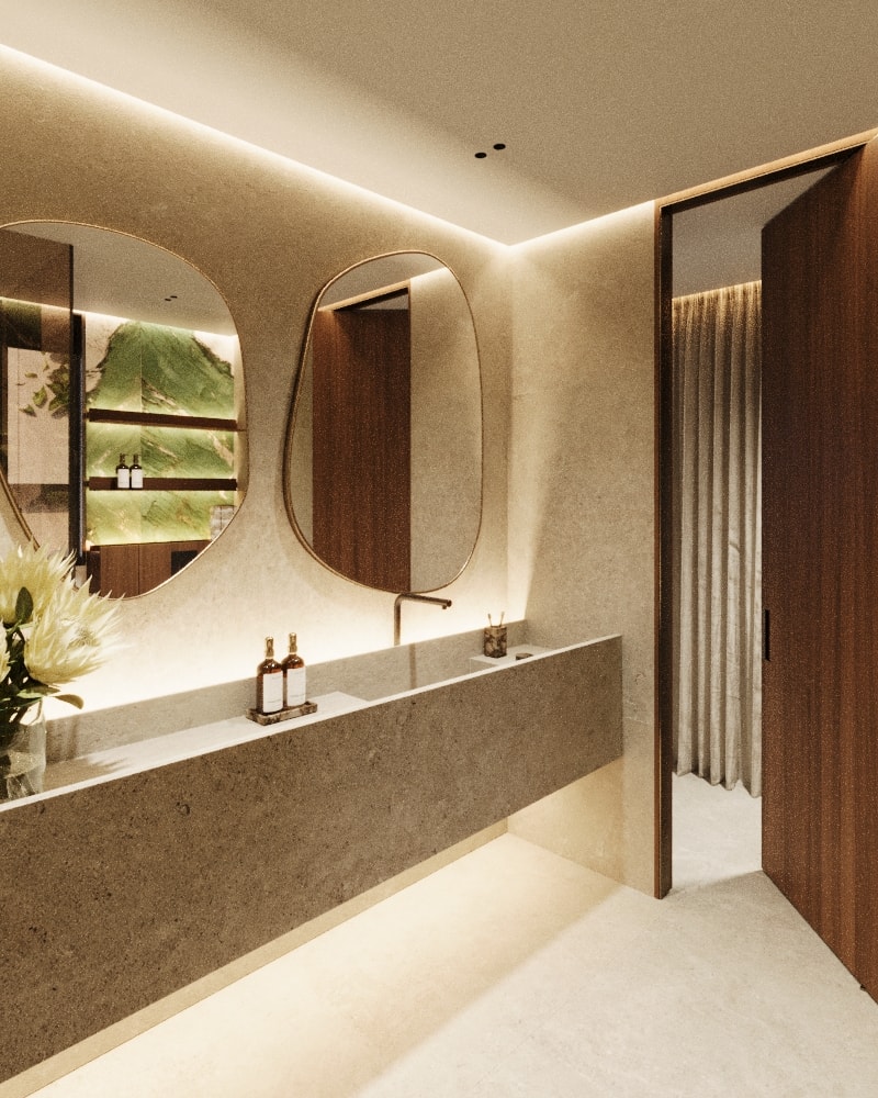 Wasana Villa — Bathroom 2: vanity with backlit oval mirror and stone basin