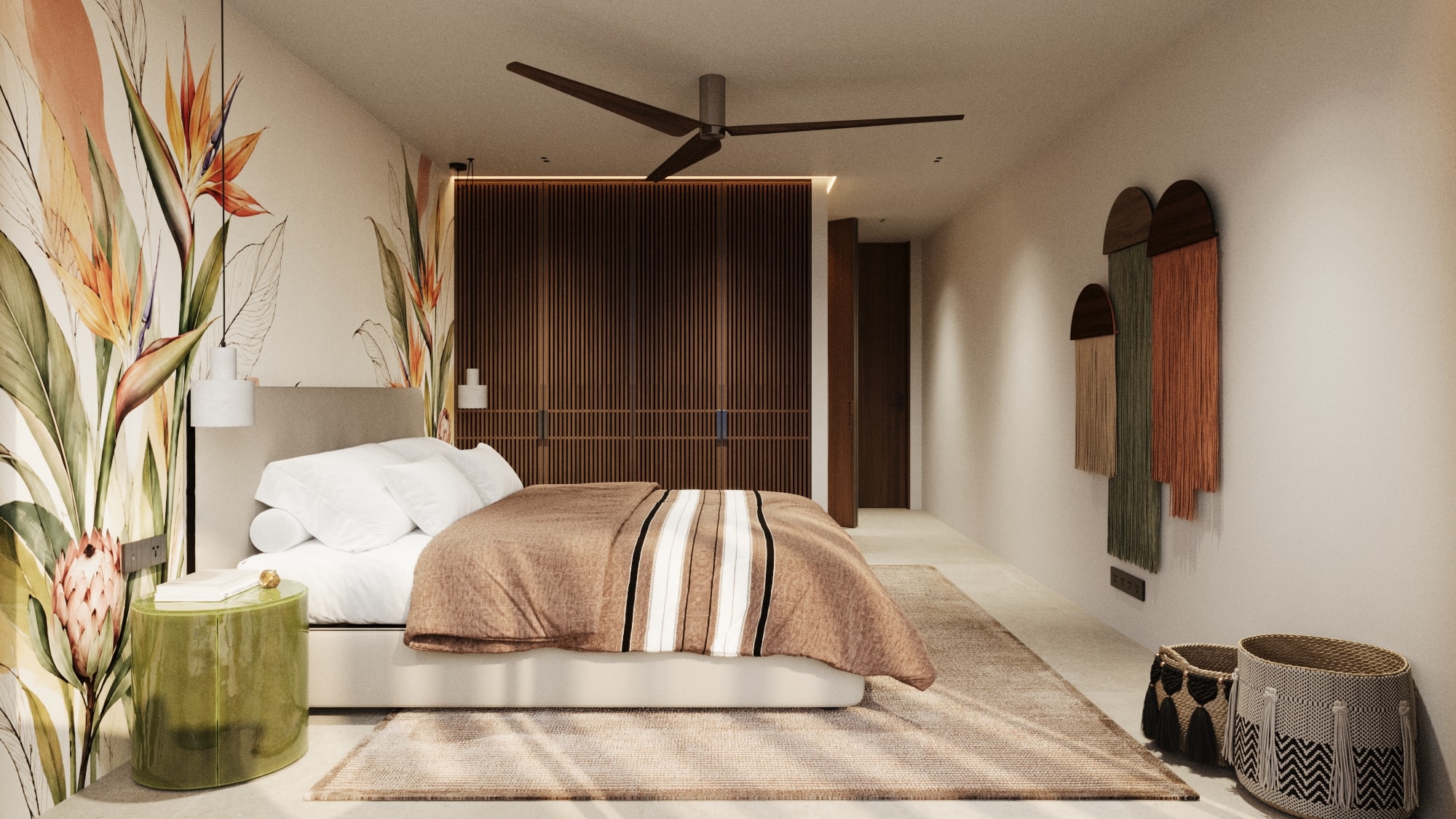 Wasana Villa — Bedroom 3: bed with tropical mural and ceiling fan