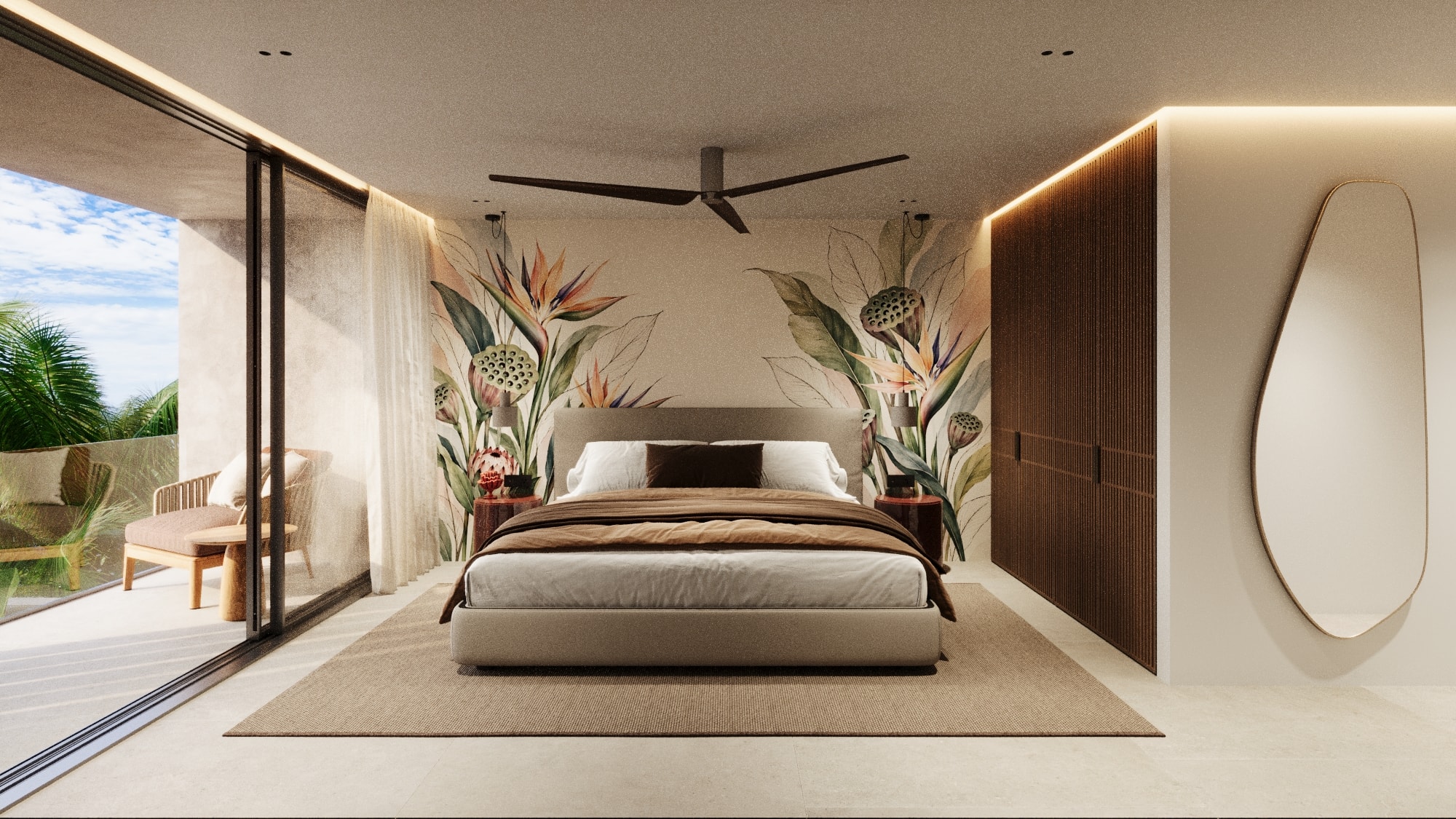 Wasana Villa — Bedroom 4: king bed with botanical mural and terrace access