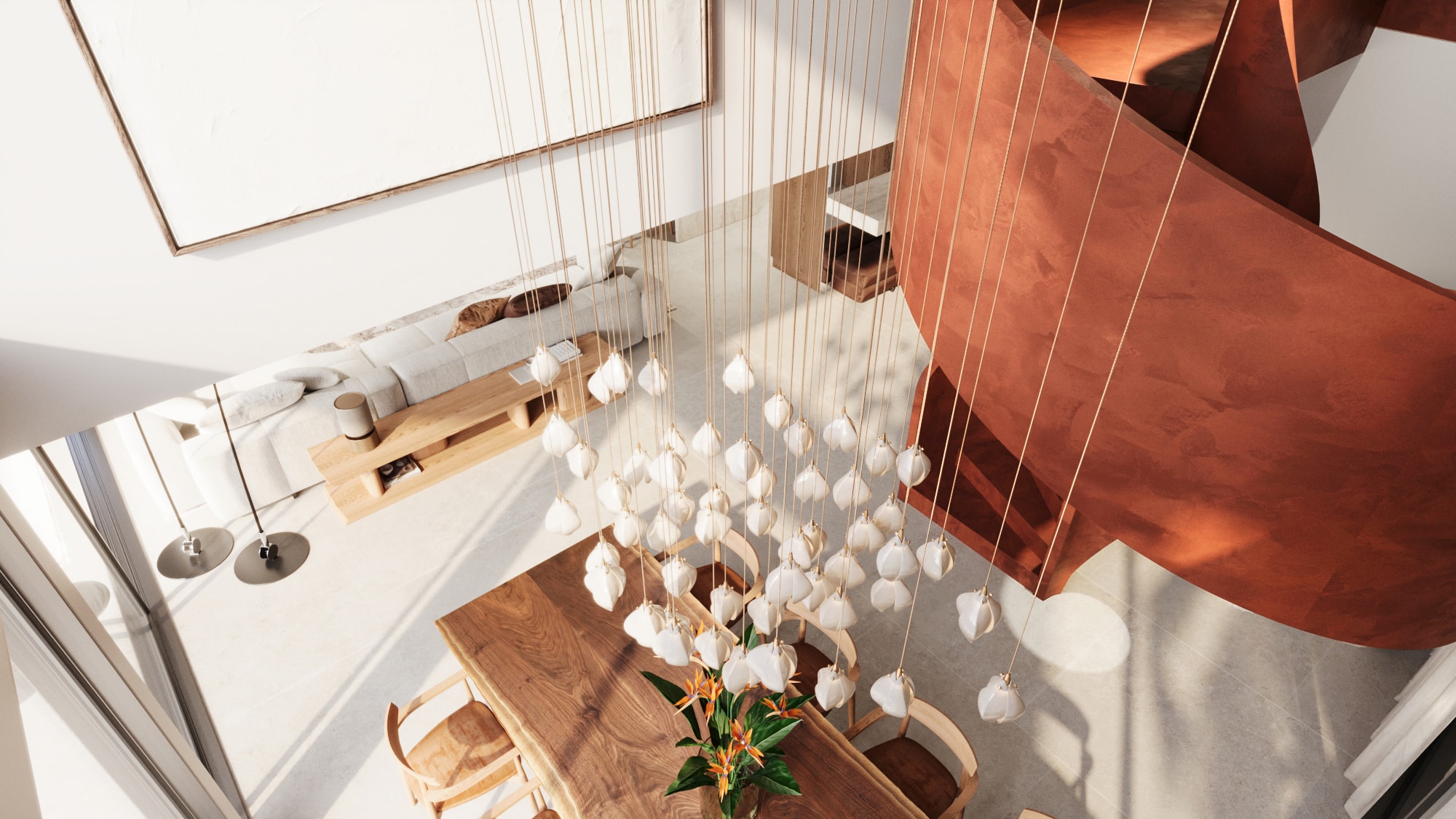 Wasana Villa — kitchen with stone countertops and woven pendants